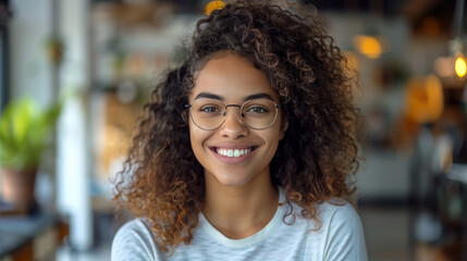 A cheerful young woman with curly hair and glasses smiling in a well-lit café setting - obrazy, fototapety, plakaty