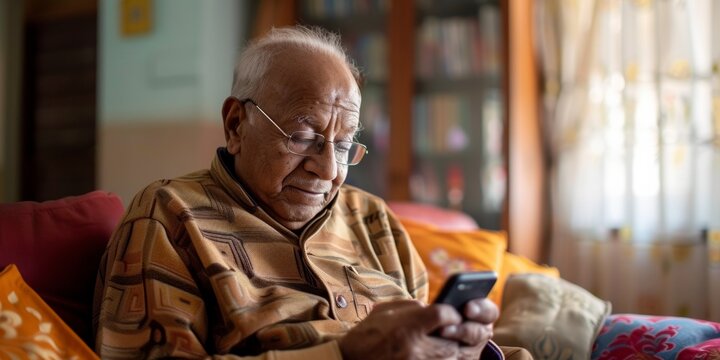 An Elderly Indian Grandfather Sitting In An Armchair, Using A Smartphone For News And Communication.