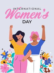 Two cute girls with fist up on a white background. Greeting card for International Women's Day. Vector illustration - 747860307
