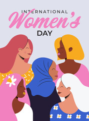 Poster of international women's day. illustration with women different nationalities and cultures. Vector illustration - 747860312