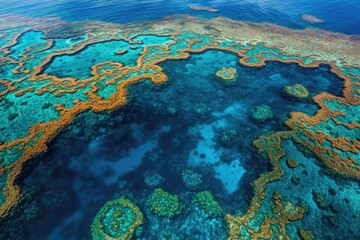 Aerial View of the Great Barrier Reef, Australia â€“ Vibrant Coral Reefs Amidst Turquoise Waters, The vibrantly colored coral patterns in the Great Barrier Reef from a bird's eye view, AI Generated