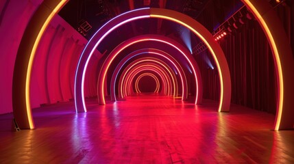 Neon Light Tunnel, Art, Neon background concept. Disco neon light background. 3d rendering.