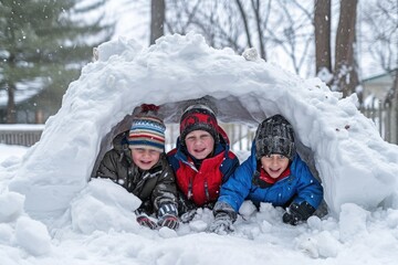 Three children are engaged in play as they build and explore a snow fort in a snowy landscape, Three Children building an ambitious snow fort, AI Generated