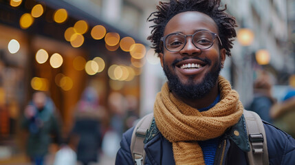 Cheerful bearded man with glasses and a scarf outdoors smiling with unfocused city lights behind