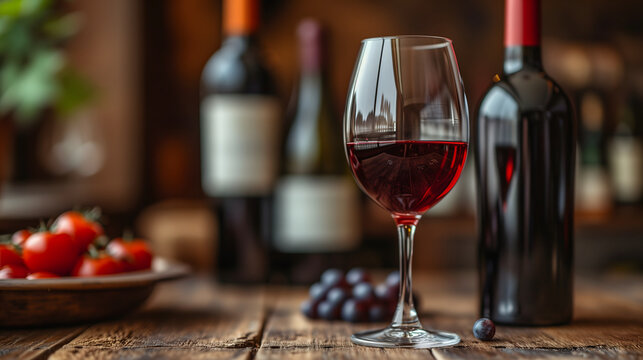 Glass with red wine and wine bottle on the right over a wooden table in the pub background with copy space. Neural network generated image. Not based on any actual scene or pattern.