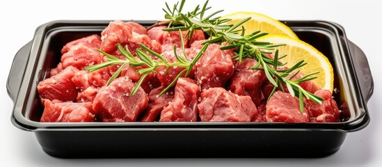 A black tray filled with fresh minced raw meat is accompanied by a vibrant lemon wedge. The meat appears raw and uncooked, providing a visual contrast to the bright citrus fruit.
