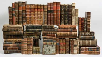 A pile of old books stacked on top of each other, showing signs of wear and tear