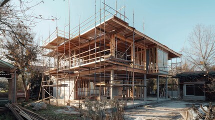 Fototapeta na wymiar Contemporary home under construction with an intricate wooden structure and surrounding scaffolding in a suburban setting
