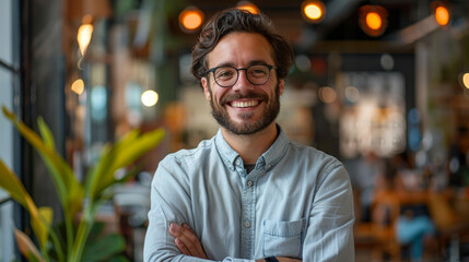 A friendly man with glasses and a beard, crossing his arms and smiling warmly in a cafe - obrazy, fototapety, plakaty