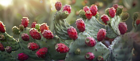 A detailed view of a wild prickly pear cactus showcasing vibrant red flowers. The cactus plant is in focus, highlighting the unique appearance of the flowers. - Powered by Adobe