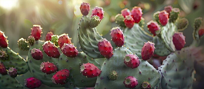 A detailed view of a wild prickly pear cactus showcasing vibrant red flowers. The cactus plant is in focus, highlighting the unique appearance of the flowers.