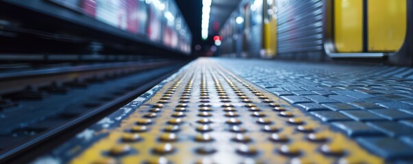 Subway platform perspective with tactile paving and motion-blurred train. Urban transportation concept with a focus on accessibility - obrazy, fototapety, plakaty