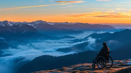 Foto op Plexiglas A person in a wheelchair conquers a mountain summit, showcasing resilience and determination in overcoming physical challenges © tashechka