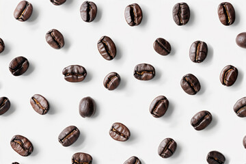 A scatter of roasted coffee beans on a white background