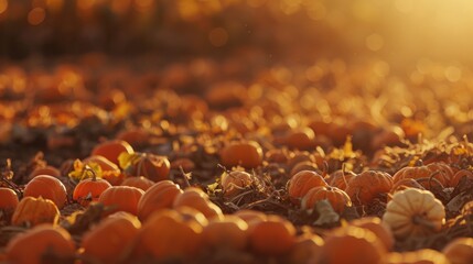 A field filled with ripe pumpkins under a setting sun, casting a warm glow over the scene