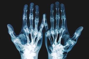This close-up image features x-ray images of a pair of hands, revealing the internal structure and bones, Three-dimensional X-ray visual of human fingers, AI Generated