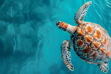 Poster Graceful sea turtle swimming in sunlit blue ocean water, marine life ecosystem © Fat Bee
