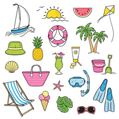 Set of colorful summer and beach theme doodle elements