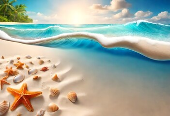 Fototapeta na wymiar Sea coast with sand, ocean wave, shells and star fish on tropical island. beach with sandy seaside, blue transparent water surface. Paradise island, exotic -