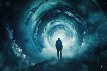 A man stands in the center of a dimly lit tunnel, his silhouette highlighted by a lone light source, Time traveller emerging from a large spiraling portal, AI Generated - obrazy, fototapety, plakaty
