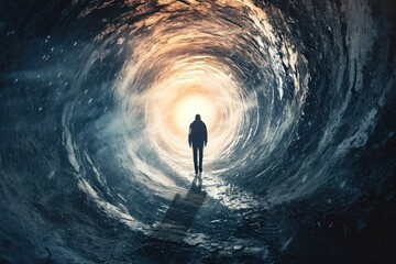 A man stands alone in the middle of a dark tunnel, holding a flashlight and illuminating the surroundings, Time traveller emerging from a large spiraling portal, AI Generated - Powered by Adobe