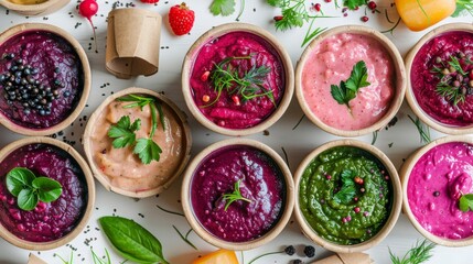 Assorted healthy homemade smoothie bowls topped with fresh herbs and berries