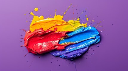 Vivid paint splash in red, yellow, and blue on purple background
