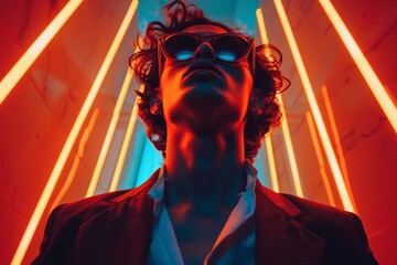 Stylish man with sunglasses in neon lights portrait photography