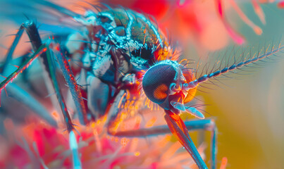 Colorful Macro Mosquito with neon lighting. Mosquito is carrier of Malaria, Encephalitis, Dengue and Zika virus concept. - obrazy, fototapety, plakaty