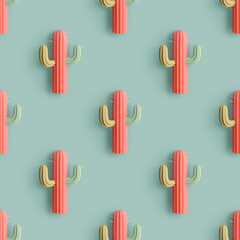 Fototapeta premium Seamless pattern with rows of cacti standing against mint background. Creative and trendy concept. 3d style print