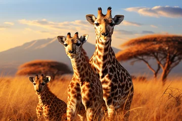 Foto auf Acrylglas Antireflex Kilimandscharo Three giraffe on Kilimanjaro mountain background