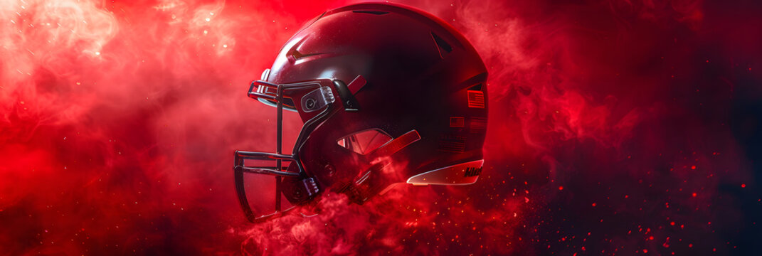 metallic nfl helmet floating center frame under red spotlight, harsh red edge backlighting