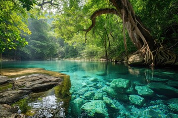 A river surrounded by lush trees and rugged rocks, with calm water flowing steadily through the scene, Tranquil scene of a rainforest with a crystal clear river, AI Generated
