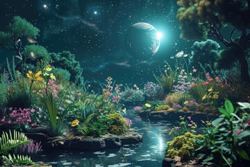 A night scene featuring a gently flowing stream and a full moon casting its light on a dense forest, Tranquil scene of an outer space garden, AI Generated