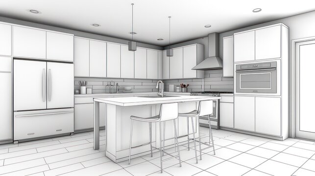 Architectural drawing of a modern kitchen interior. Concept design sketch with a 3D perspective. Home construction concept.