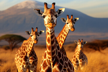 Three giraffe on Kilimanjaro mountain background