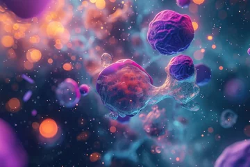 Fotobehang A group of purple and blue balls floating in the air, creating a vibrant and dynamic scene, Transformation of sick cells to healthy cells in abstract colors, AI Generated © Iftikhar alam