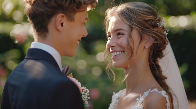 Bride and groom exchanging vows in a garden setting,close up,Teenager,smile face,romantic,realistic,4k. --ar 16:9 Job ID: 33746621-9a5c-48f4-b524-ba461e325cae