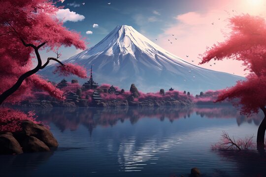 Mount Fuji with pink flowers and a lake