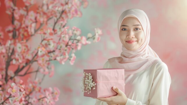 a malay muslim woman holding a gift box against a soft pastel backdrop, conveying the sentiment of joy and celebration in a delicate and charming composition. Generative AI technology