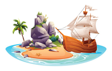 Tropical island with wooden sailing ship, palm tree and rocks. Vector cartoon illustration isolated on white background