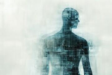 A man standing with a neutral expression in front of a plain white background, Transparent human figure with privacy information hidden within, AI Generated