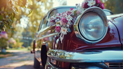 Naklejka premium Vintage-themed wedding with a classic car as a backdrop