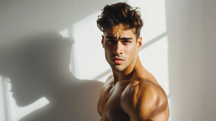 Handsome and muscular male model with ripped body posing towards the camera with sunlight from the window on his face and the white wall.