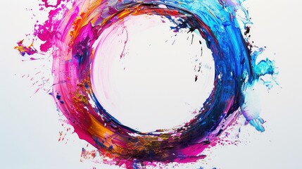 A burst of colorful splatters creates an artistic brush paint design, encased in a circular frame