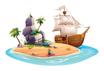 Tropical island with palm trees, rocks and wooden sailing ship. Vector cartoon illustration isolated on white background © YG Studio