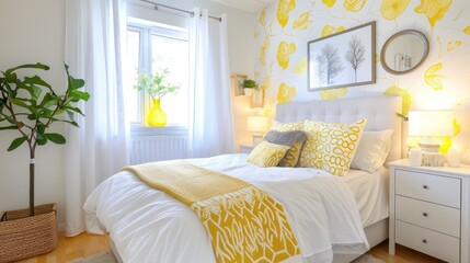 Interior design of a bright bedroom with yellow accents and modern decor. Cozy living space concept for design inspiration and real estate staging.