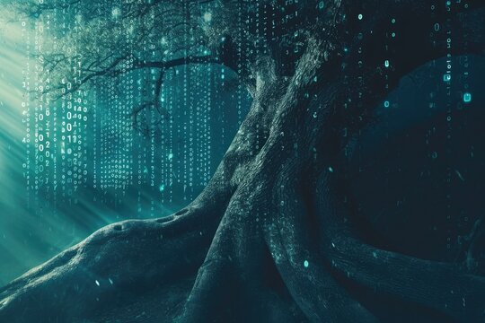 In this photo, a large tree is surrounded by a forest overflowing with numbers, creating an intriguing and unexpected sight, Tree branches formed with binary numbers, AI Generated