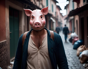 A man walking in street narrow street and wearing pig mask on his head