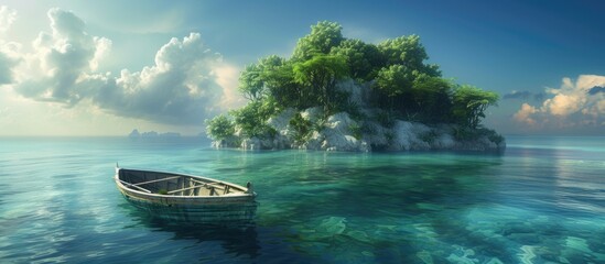 A small boat peacefully floats on the calm waters surrounding an isolated tropical island. The lush vegetation of the unpopulated isle can be seen in the background, with a coral reef encircling the - obrazy, fototapety, plakaty